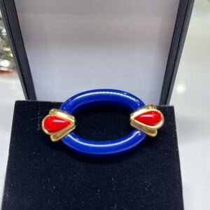 Vintage Avon Arabesque Blue and Red Brooch with Gold Accents